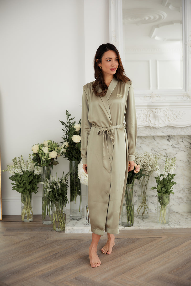 New Robe Design Personalised Bridal Luxury Satin Long Robe - Sage Green