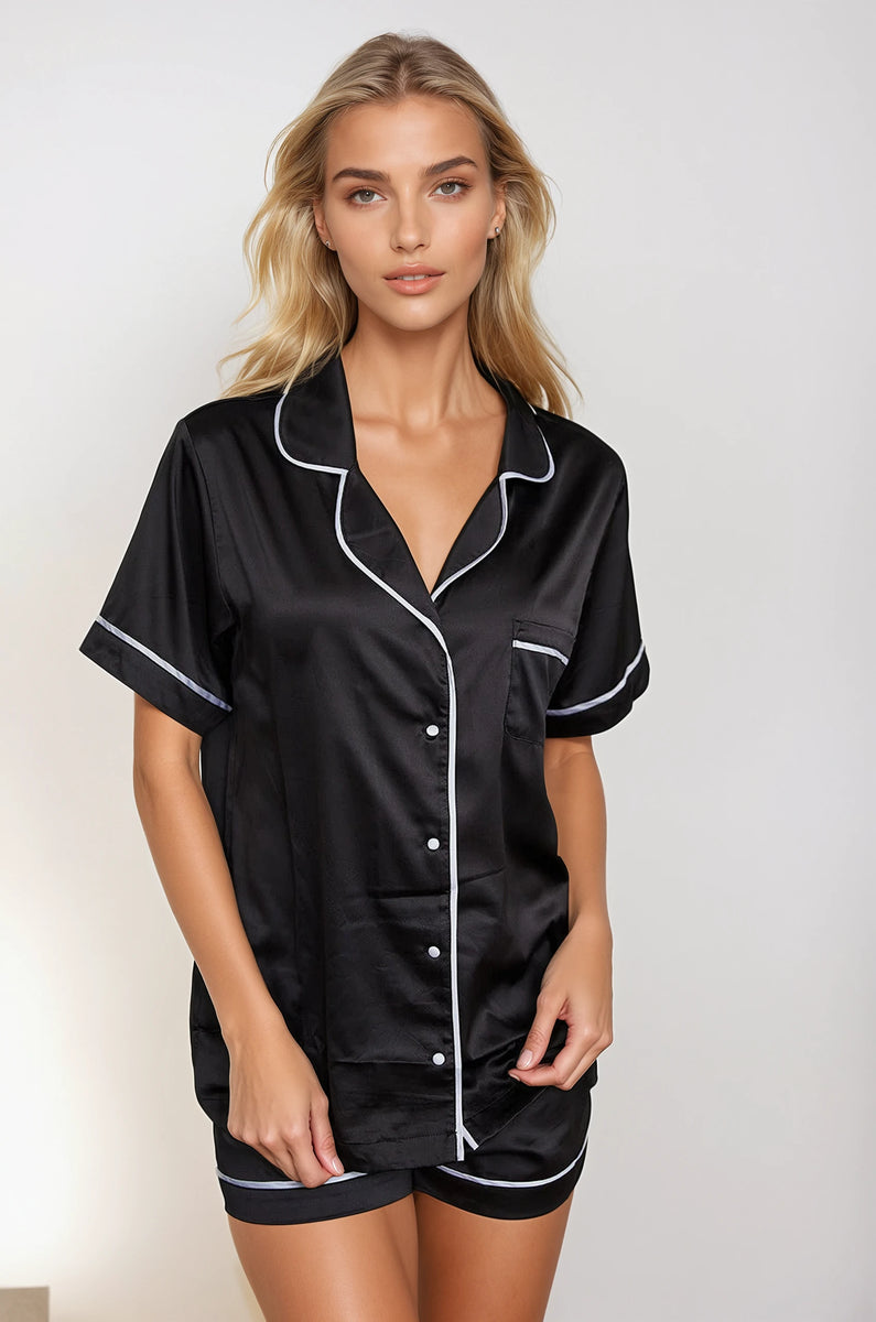 Personalised Satin Short Sleeve Pyjama Set - Black | HA Designs LTD