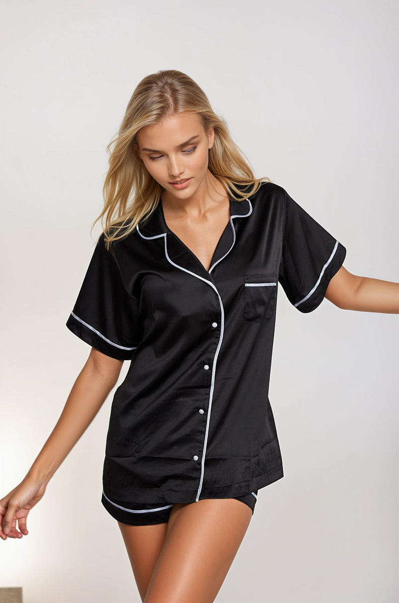 Personalised Satin Short Sleeve Pyjama Set - Black | HA Designs LTD