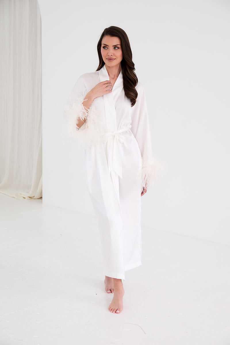 Personalised Bridal Luxury Satin Long Feather Robe - White