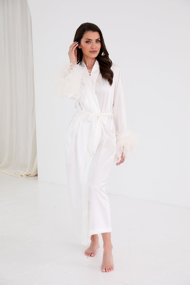 Personalised Bridal Luxury Satin Long Feather Robe - White